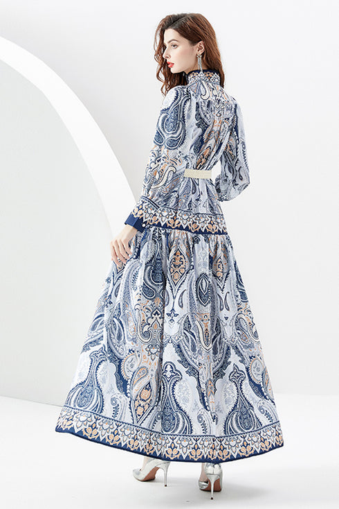You Spin Me Around Fall Vintage Blue Paisley Pattern Stand Collar, Puff Long Sleeve Party, Festive Flowy Maxi Dress